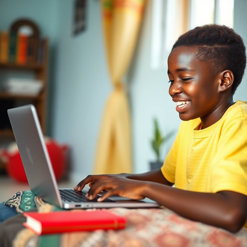 happy junior high school student in Ghana studying on a laptop at home